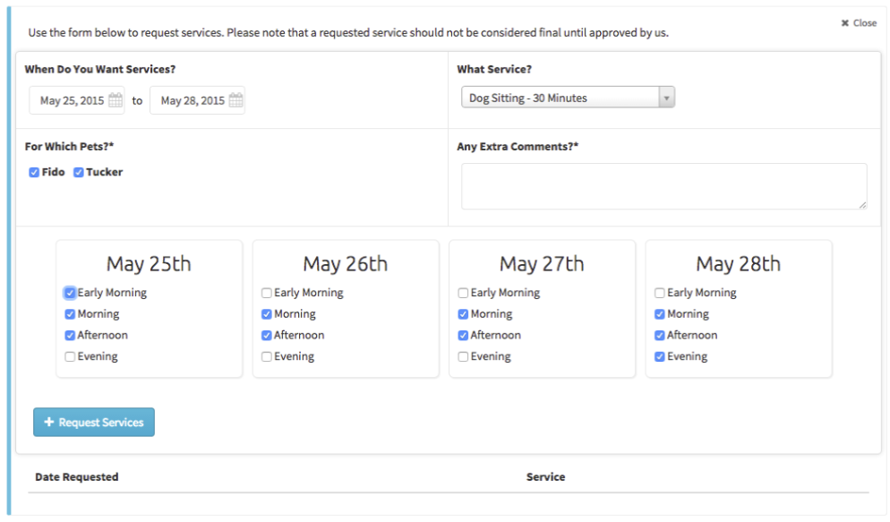 Multiple visit date selection screenshot